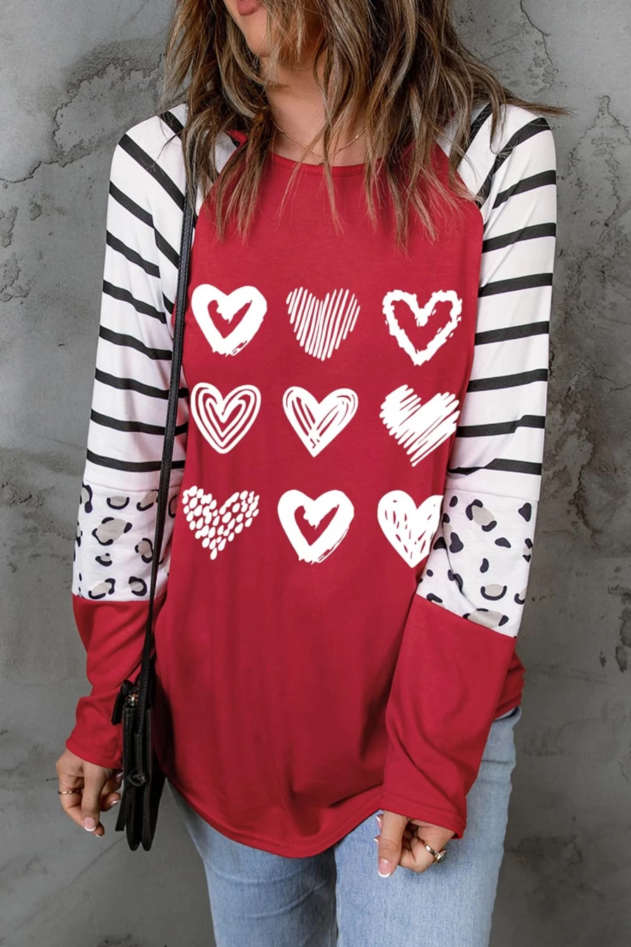 Shewin Women's Red Valentine Heart Print Colorblock Graphic Top with Leopard & Striped Sleeves