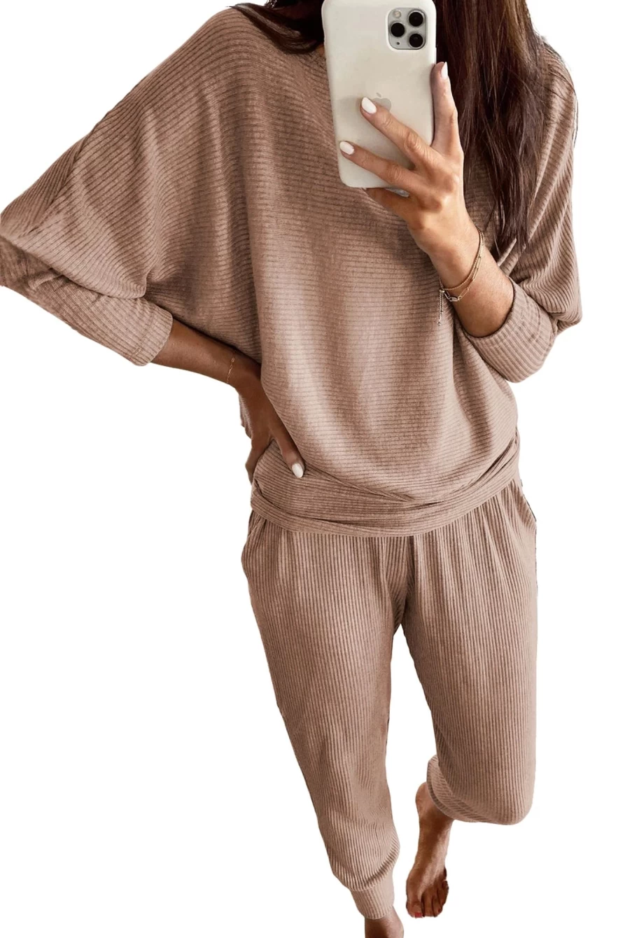 Shewin Women's Ribbed Dolman Sleeve Top & Pocketed Pants Set in Parchment