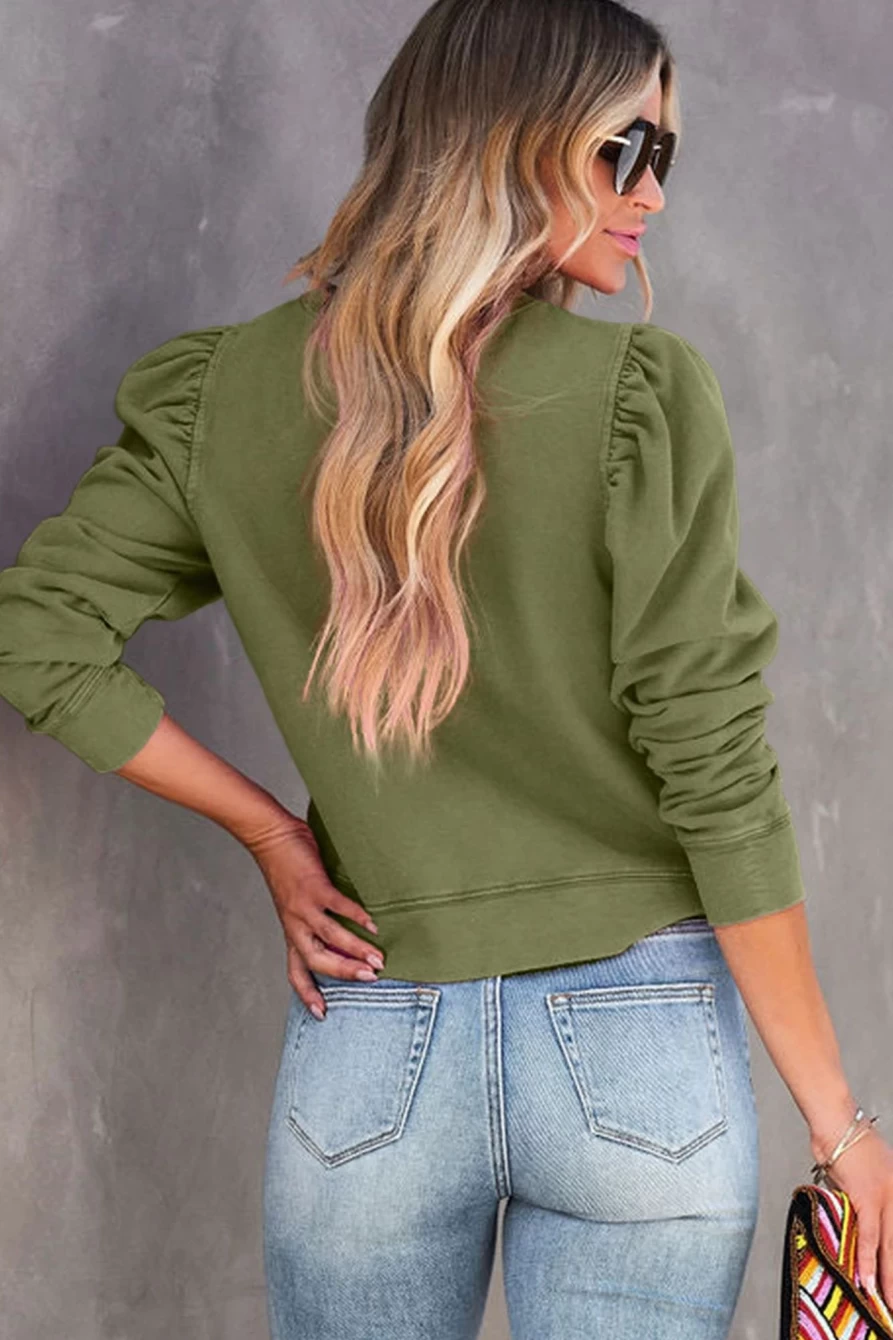 Shewin Women's Green Vintage Washed Puff Sleeve Sweatshirt - Retro Oversized Comfort Fit
