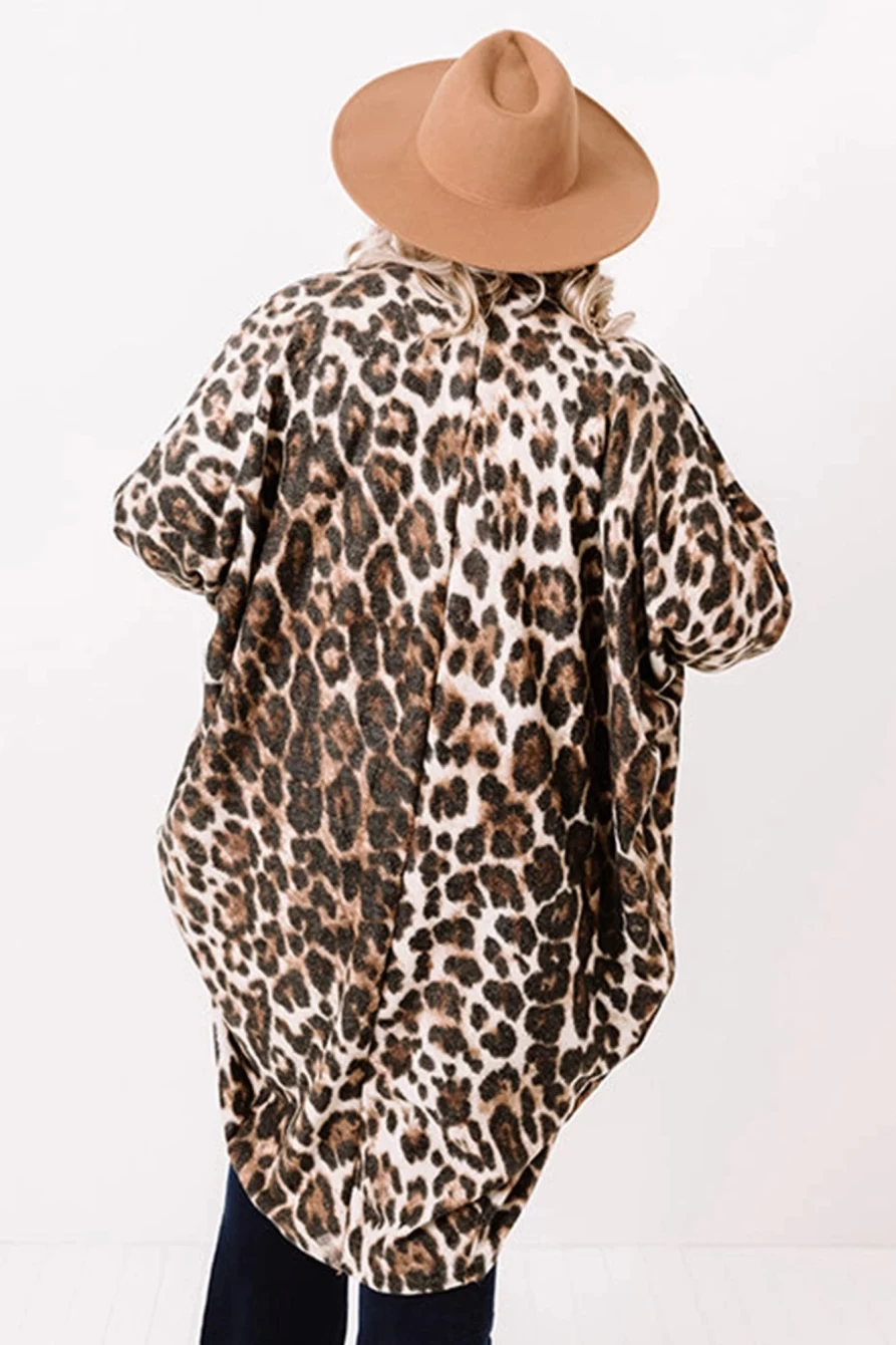 Women's Plus Size Leopard Print Draped Open Front Cardigan by Shewin