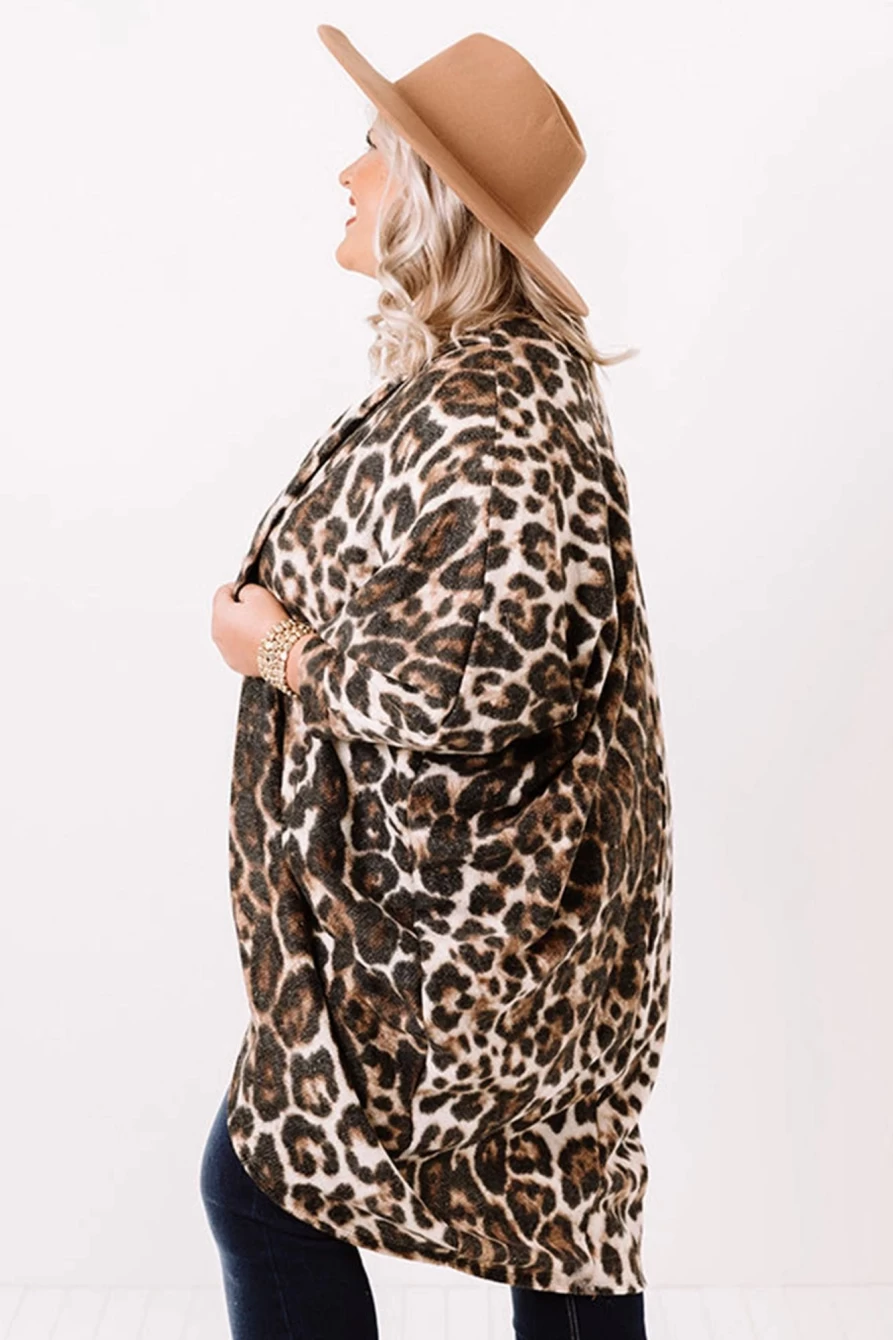 Women's Plus Size Leopard Print Draped Open Front Cardigan by Shewin