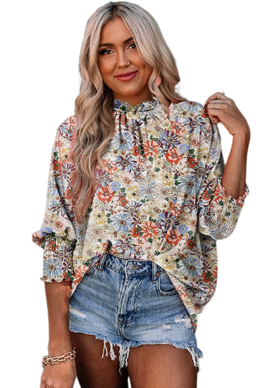 Shewin Women's Multicolor Floral Print Blouse with Shirred Cuffs & Frilled Details