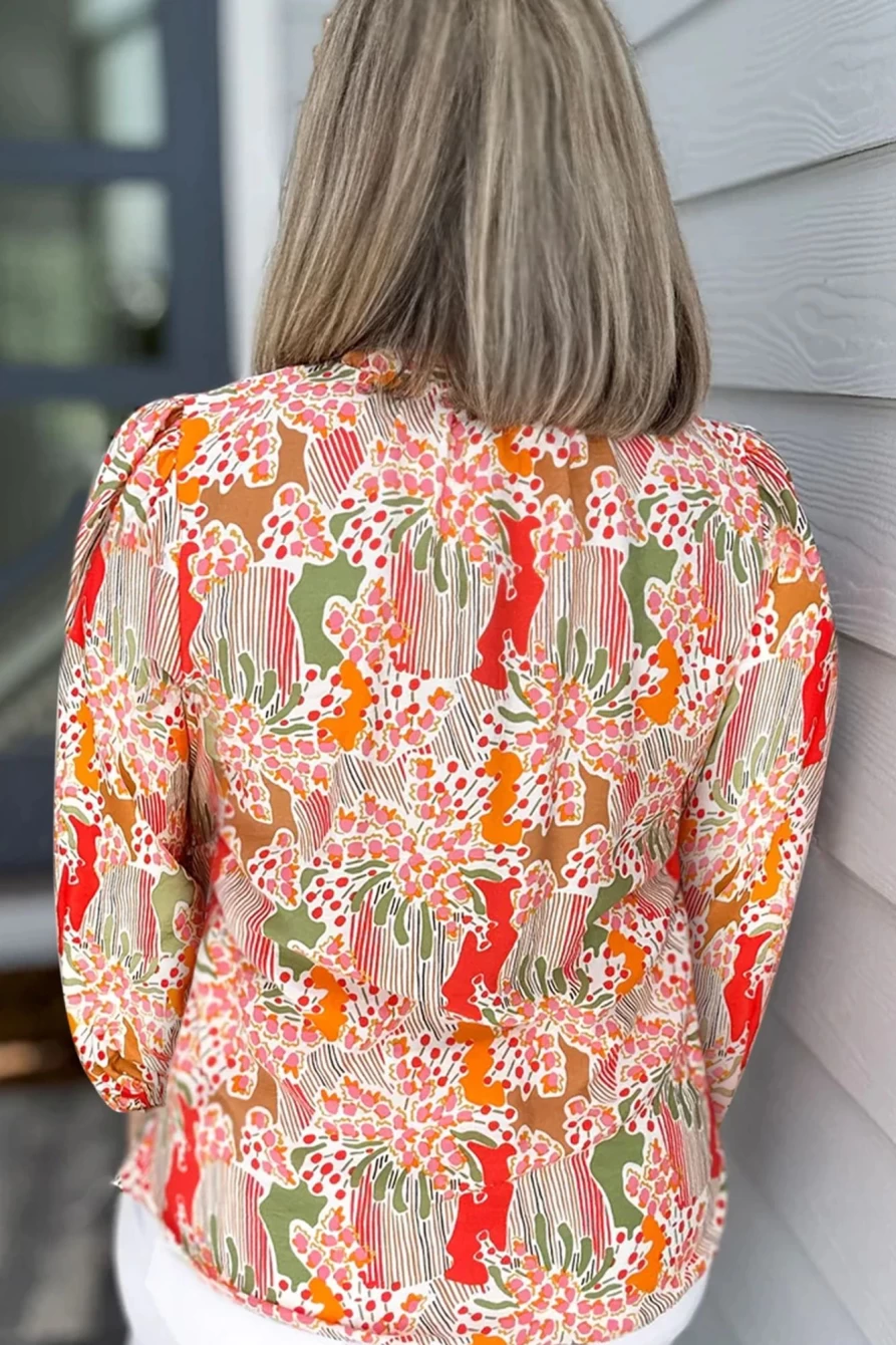 Shewin Women's Orange Printed Plus Size Floral Abstract V-Neck Frilled Blouse
