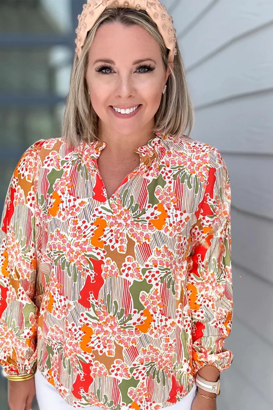 Shewin Women's Orange Printed Plus Size Floral Abstract V-Neck Frilled Blouse