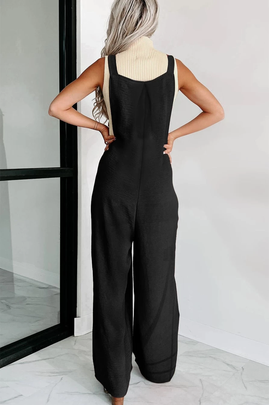 Shewin Women's Black Textured Adjustable Straps Ruched Wide Leg Jumpsuit