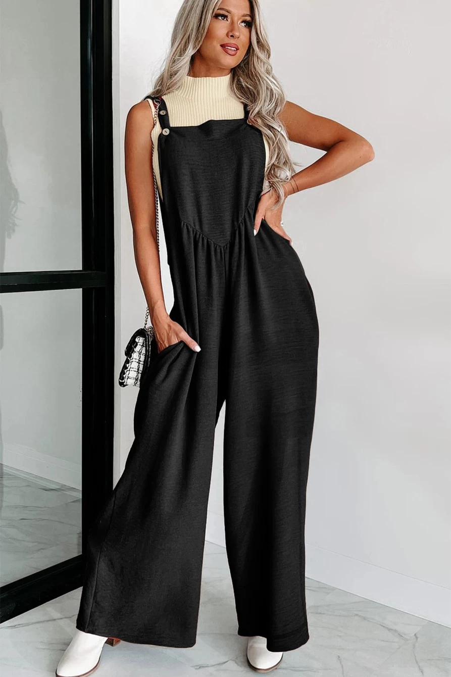 Shewin Women's Black Textured Adjustable Straps Ruched Wide Leg Jumpsuit