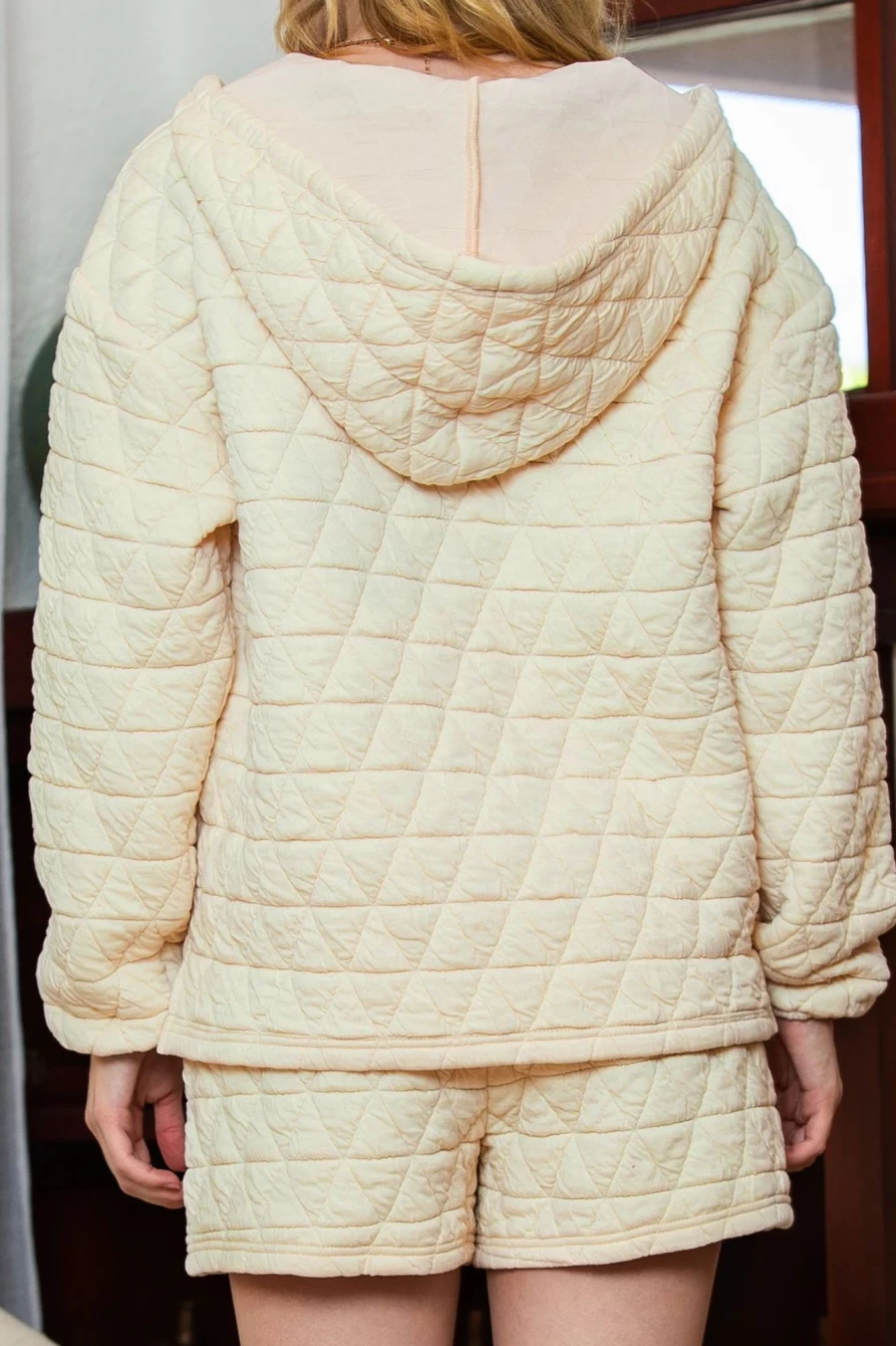 Shewin Women's Beige Quilted Hoodie and Drawstring Shorts Set Cozy Loungewear Outfit
