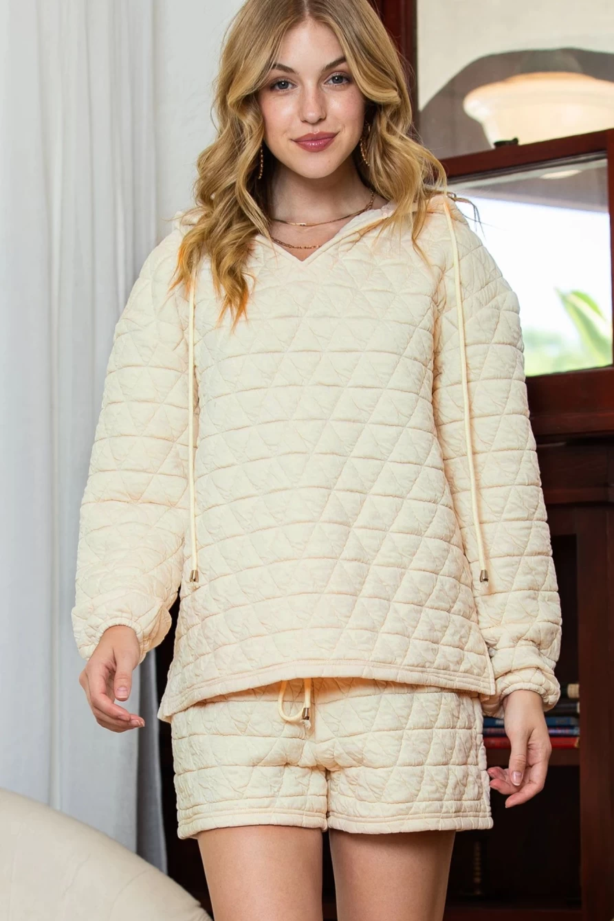 Shewin Women's Beige Quilted Hoodie and Drawstring Shorts Set Cozy Loungewear Outfit