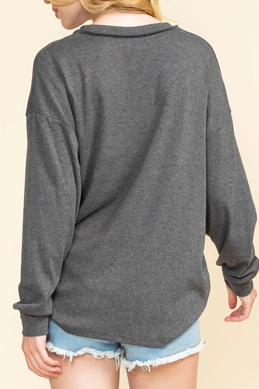 Shewin Women's Gray Distressed V-Neck Long Sleeve Top with Patch Pockets