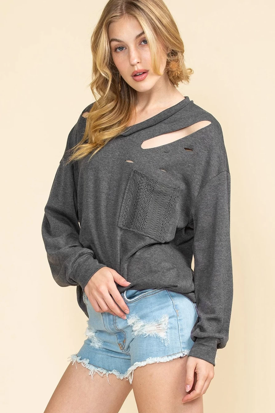 Shewin Women's Gray Distressed V-Neck Long Sleeve Top with Patch Pockets