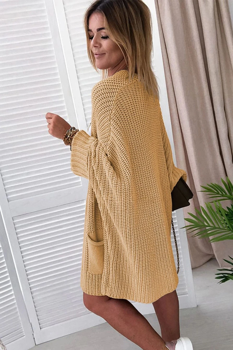 Shewin Women's Apricot Batwing Sleeve Oversized Chunky Knit Cardigan with Pockets