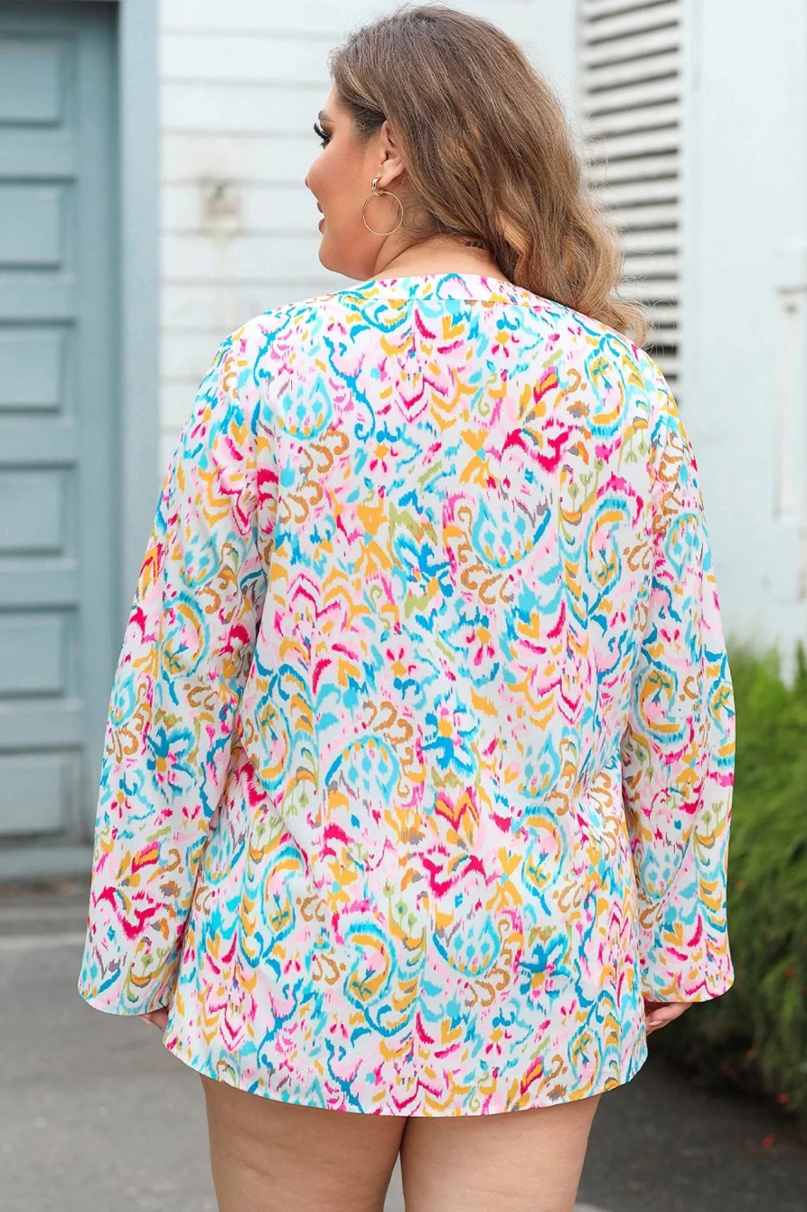 Shewin Women's Plus Size Multicolor Geometric Print Notched V-Neck Blouse