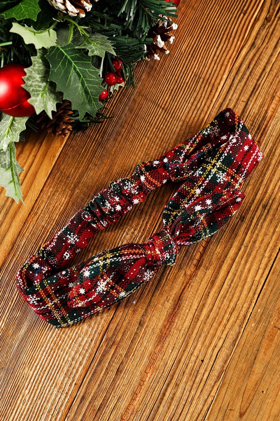 Shewin Women's Burgundy Christmas Plaid Snowflake Hair Bow Tie for Holidays
