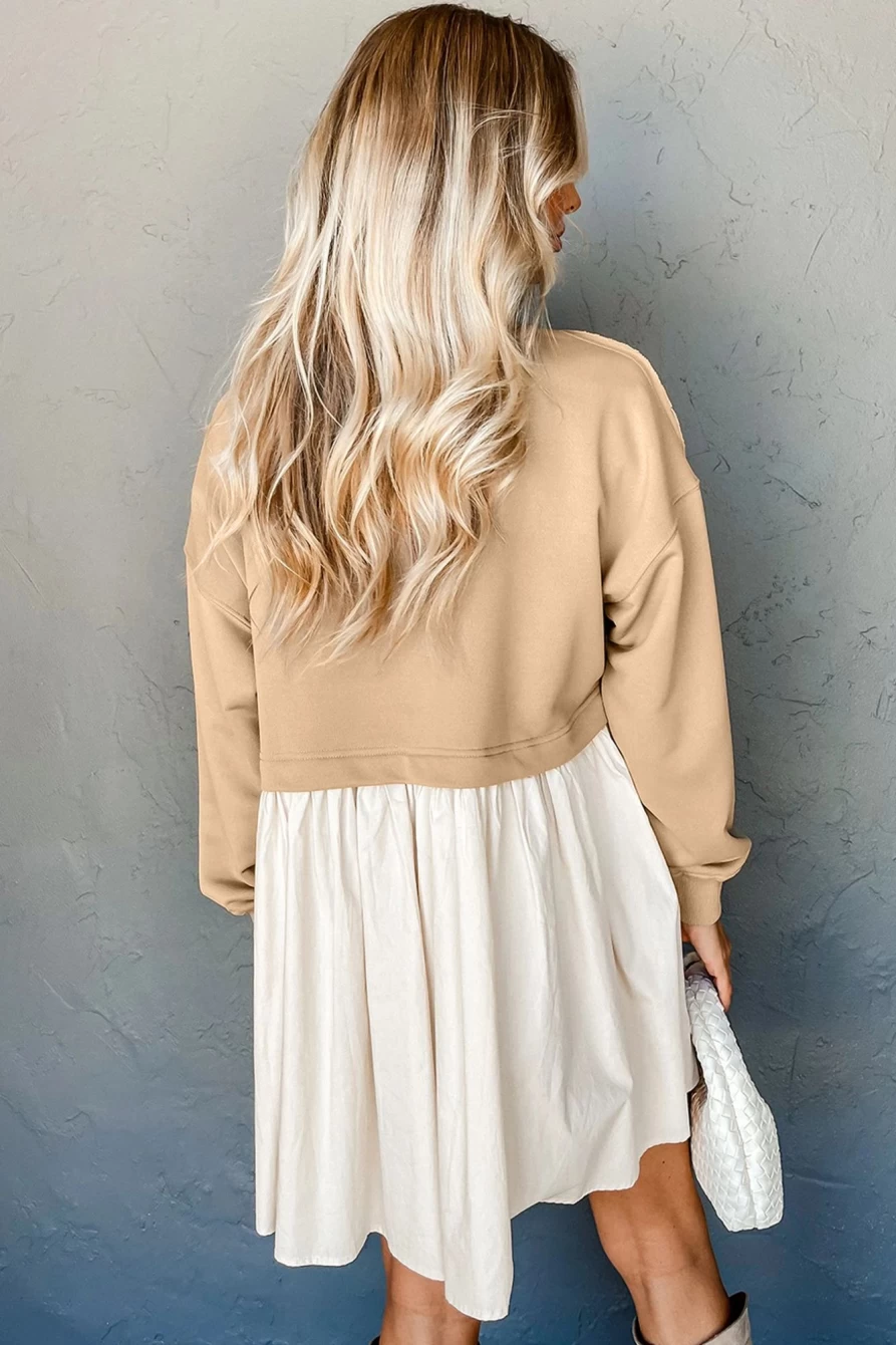 Shewin Women's Pale Khaki Colorblock Flowy Pleated Mini Dress - Stylish Khaki Sweatshirt Dress