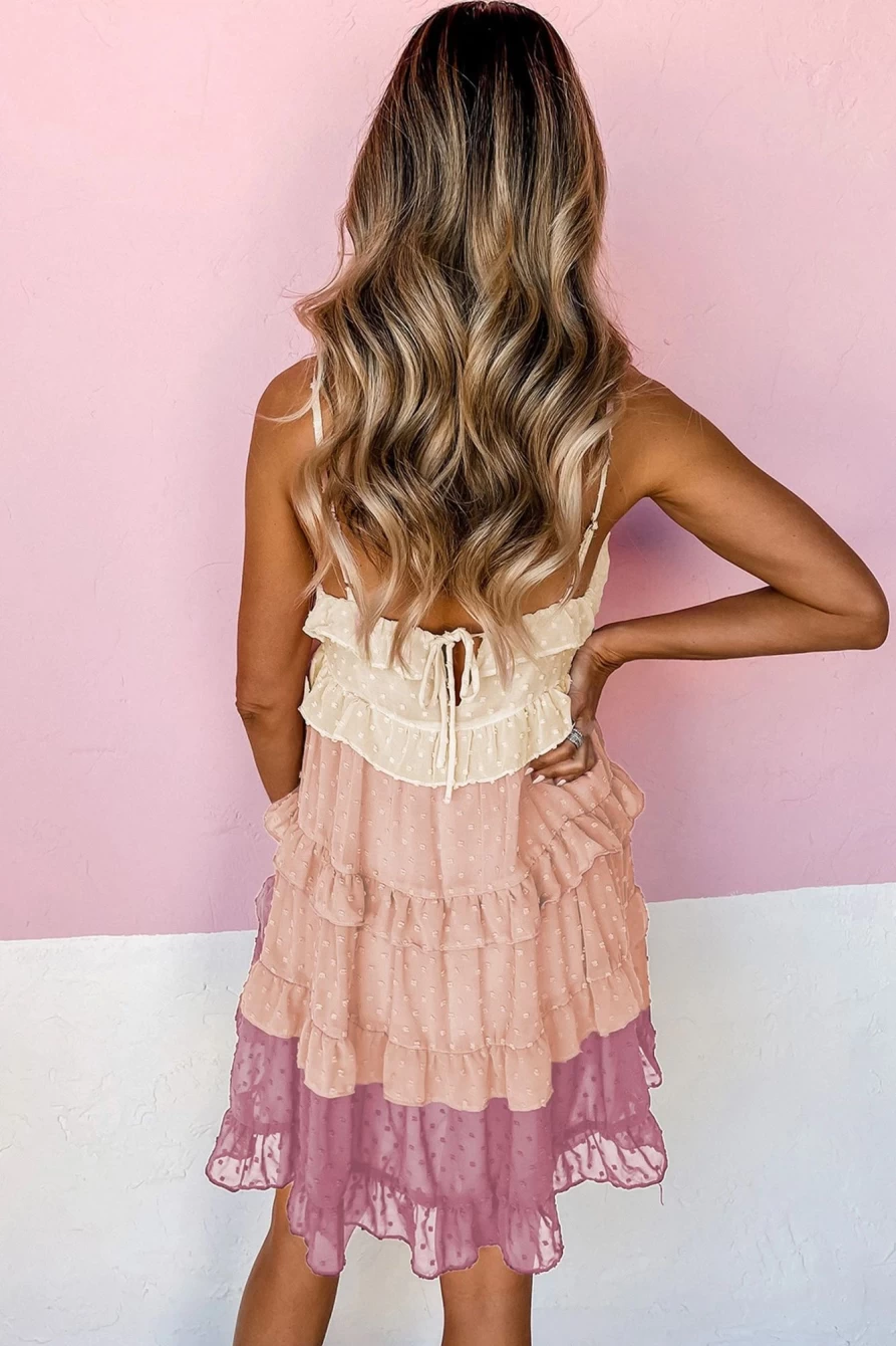 Shewin Women's Pink Color Block Swiss Dot Tiered Spaghetti Strap Dress