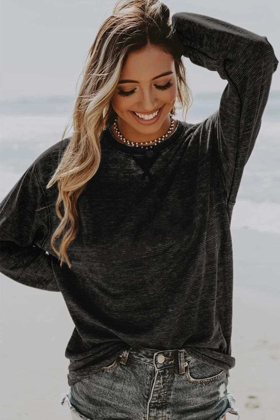 Shewin Women's Gray Mineral Washed Waffle Long Sleeve Top