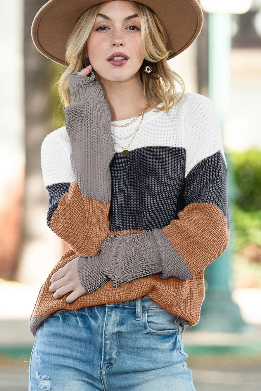 Shewin Women's Chestnut Color Block Knit Pullover Sweater Casual Comfortable