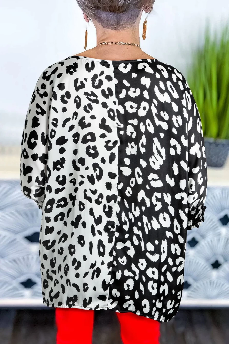 Shewin Women's Plus Size Black Leopard Print Contrast Half Sleeve Blouse
