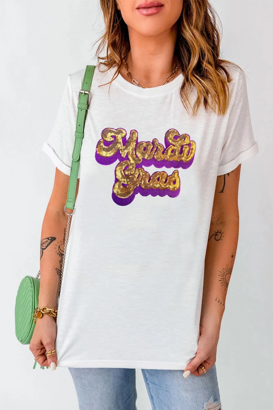 Shewin Women's White Mardi Gras Sequin Embroidered Graphic Tee - Festive Party T-Shirt