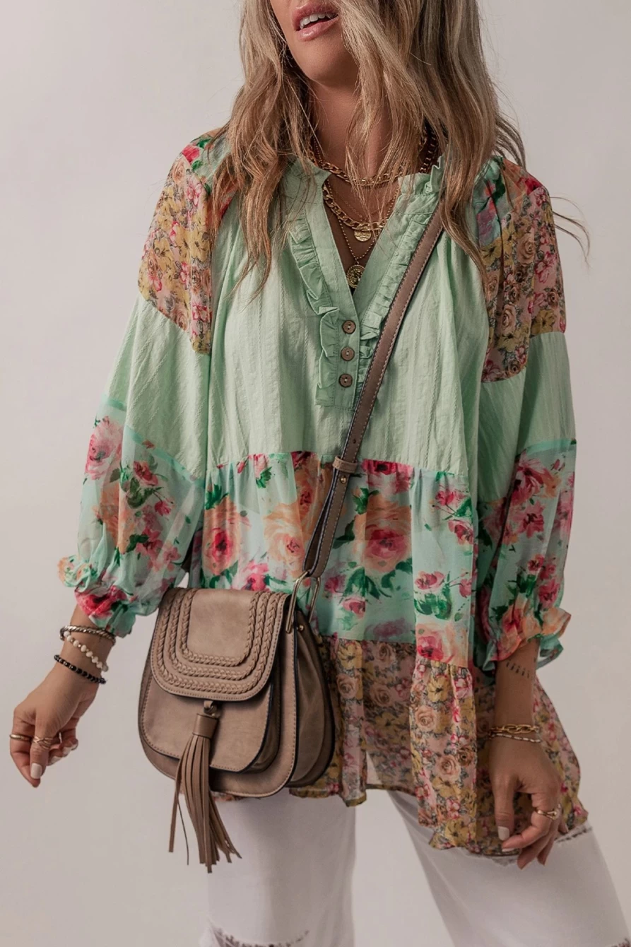 Shewin Women's Green Printed Floral Patchwork Blouse with Frilled Split Neck Design