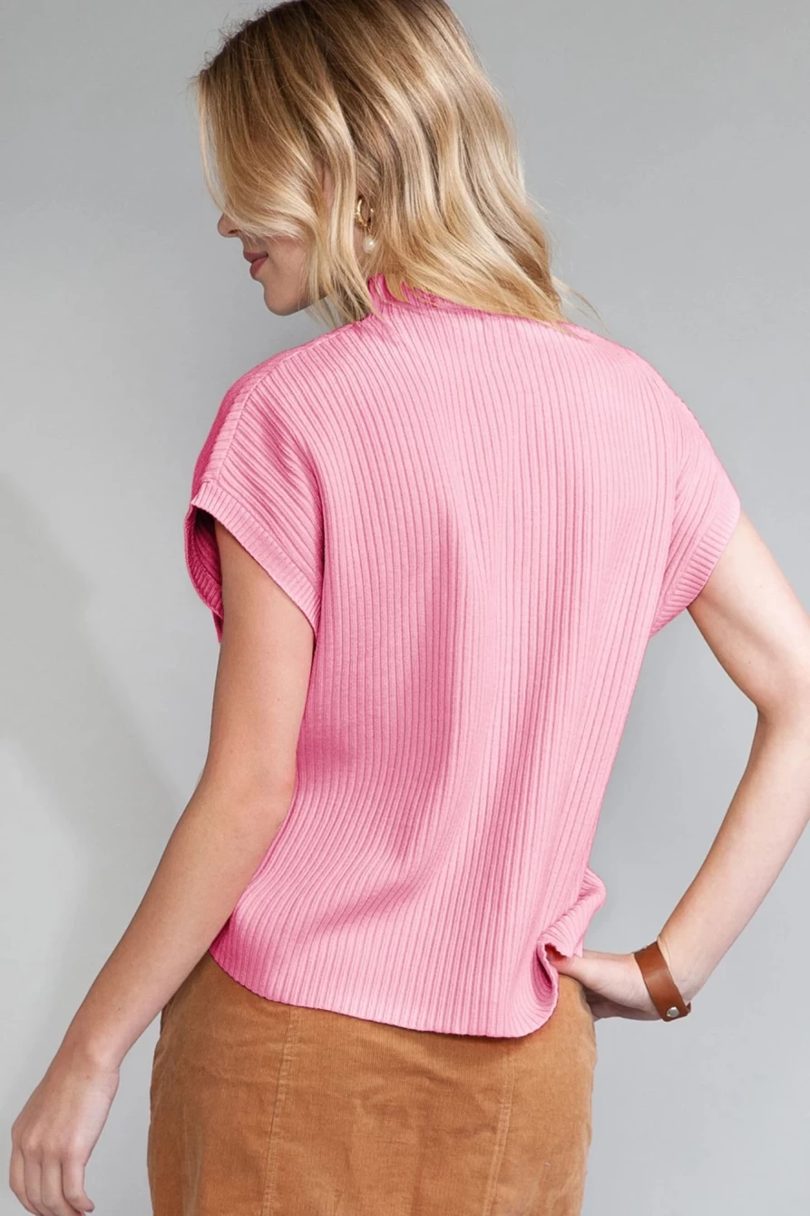 Shewin Women's Pink Ribbed Knit Sweater with Patch Pocket Short Sleeve Top
