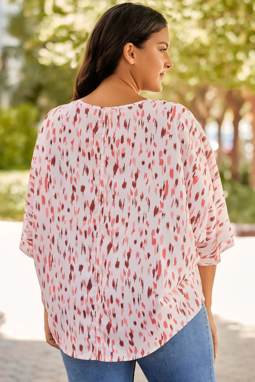 Shewin Women's Plus Size Pink Polka Dot 3/4 Dolman Sleeve Blouse - Elegant & Comfortable Tunic Top