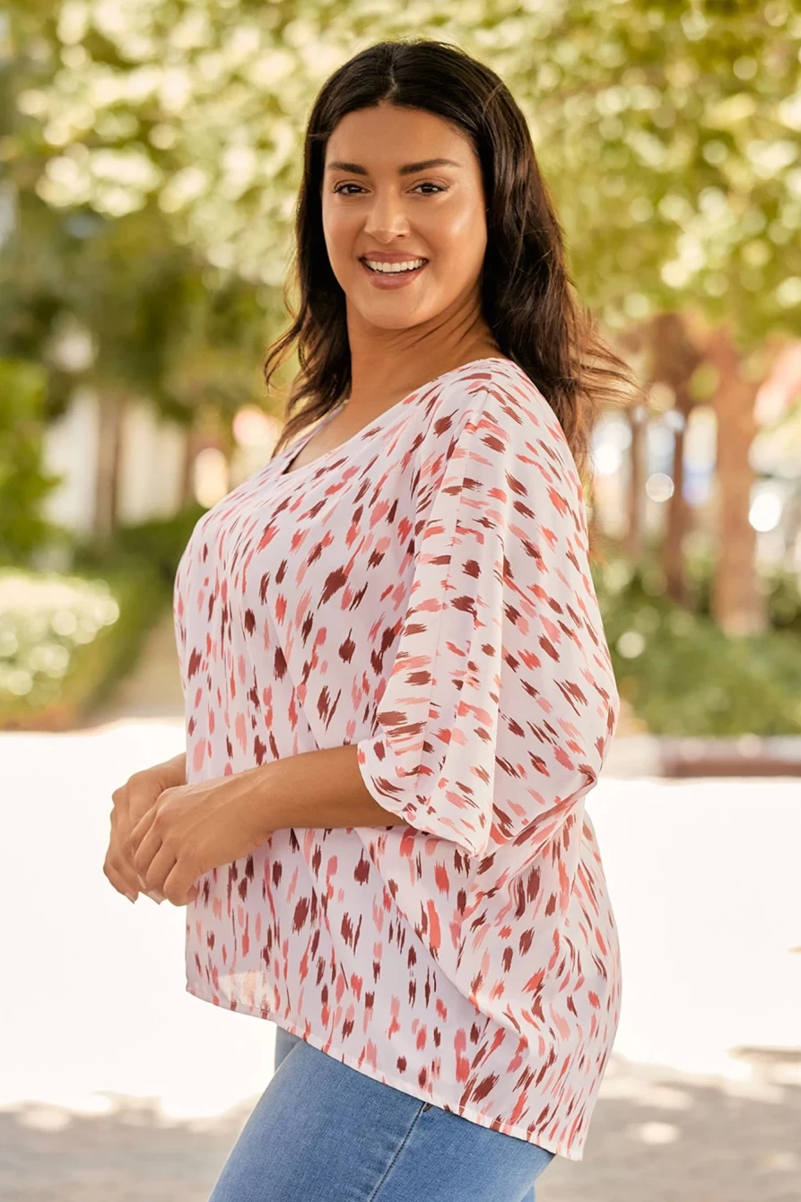 Shewin Women's Plus Size Pink Polka Dot 3/4 Dolman Sleeve Blouse - Elegant & Comfortable Tunic Top