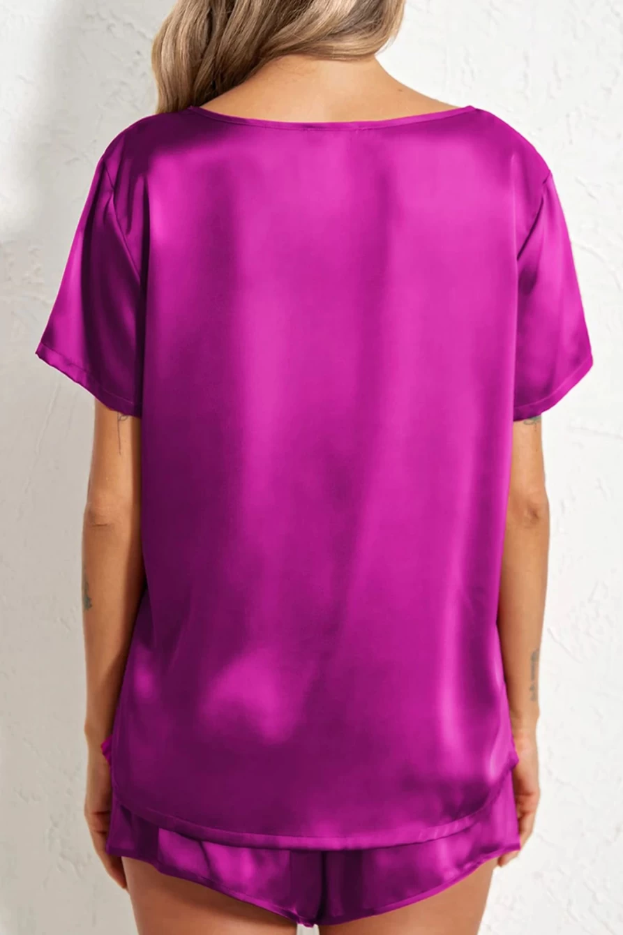Shewin Women's Bright Pink Satin V-Neck Tee & Drawstring Shorts Lounge Set