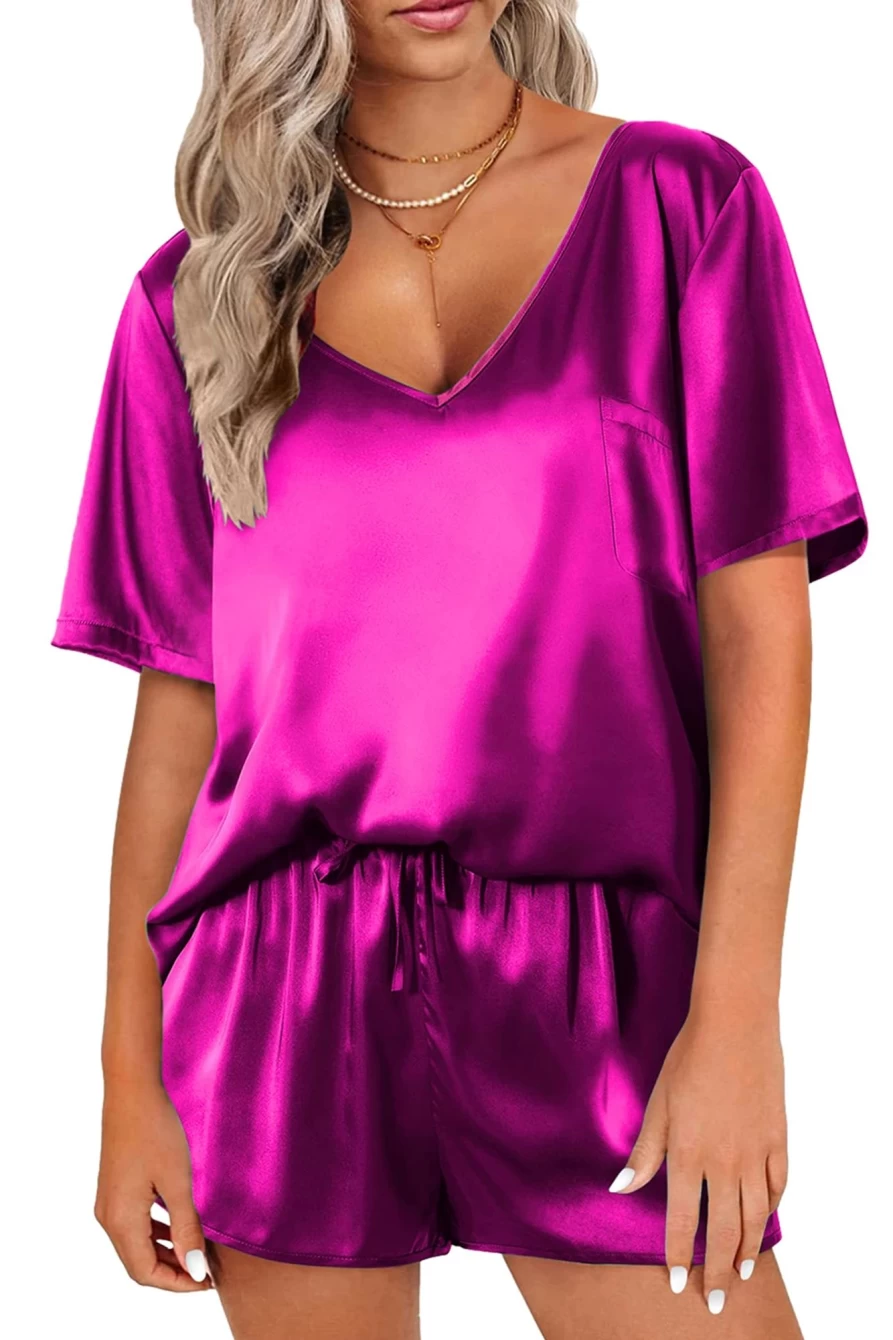 Shewin Women's Bright Pink Satin V-Neck Tee & Drawstring Shorts Lounge Set