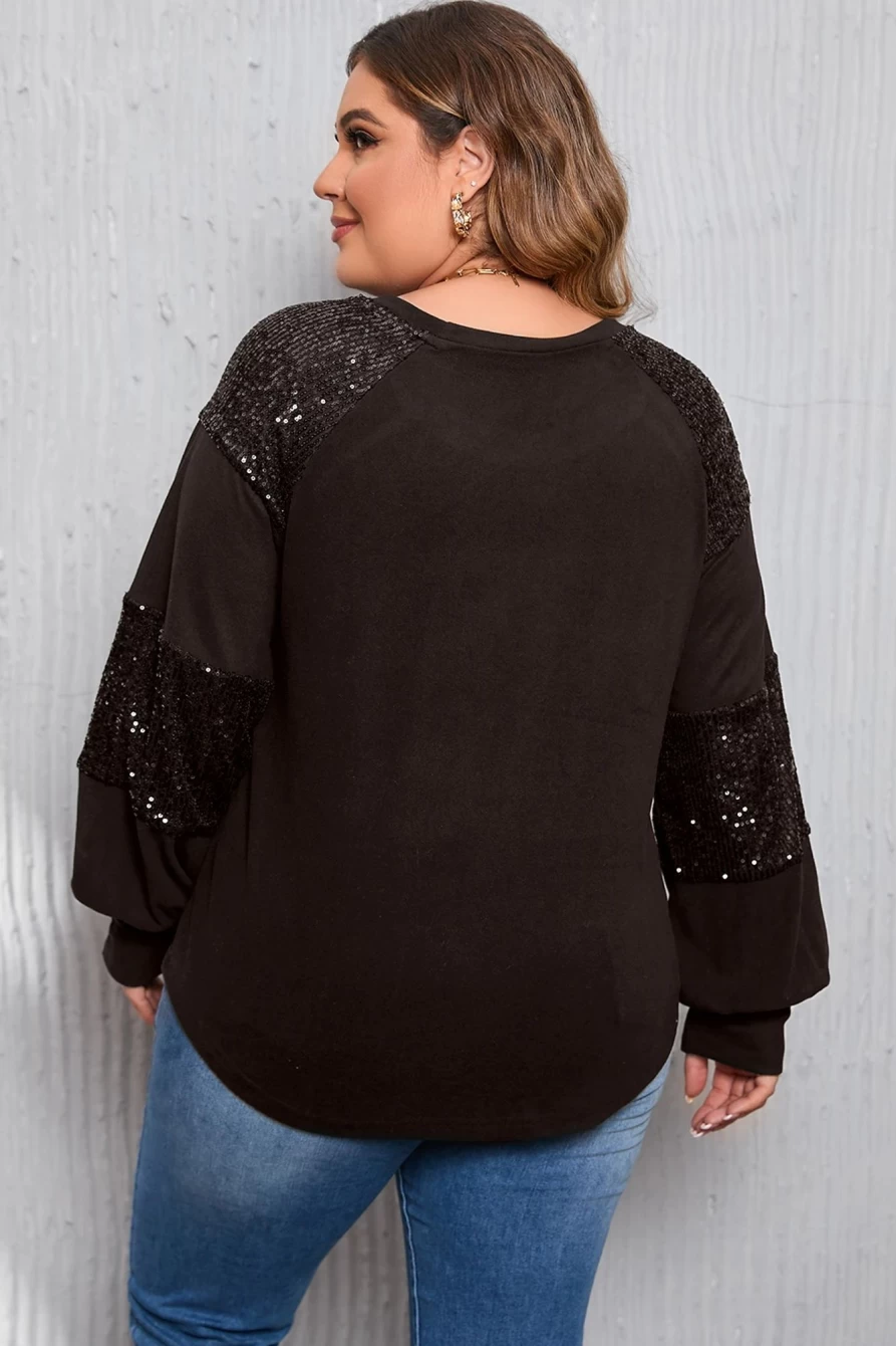 Shewin Women's Black Plus Size Sequin Patchwork Long Sleeve Crew Neck Top