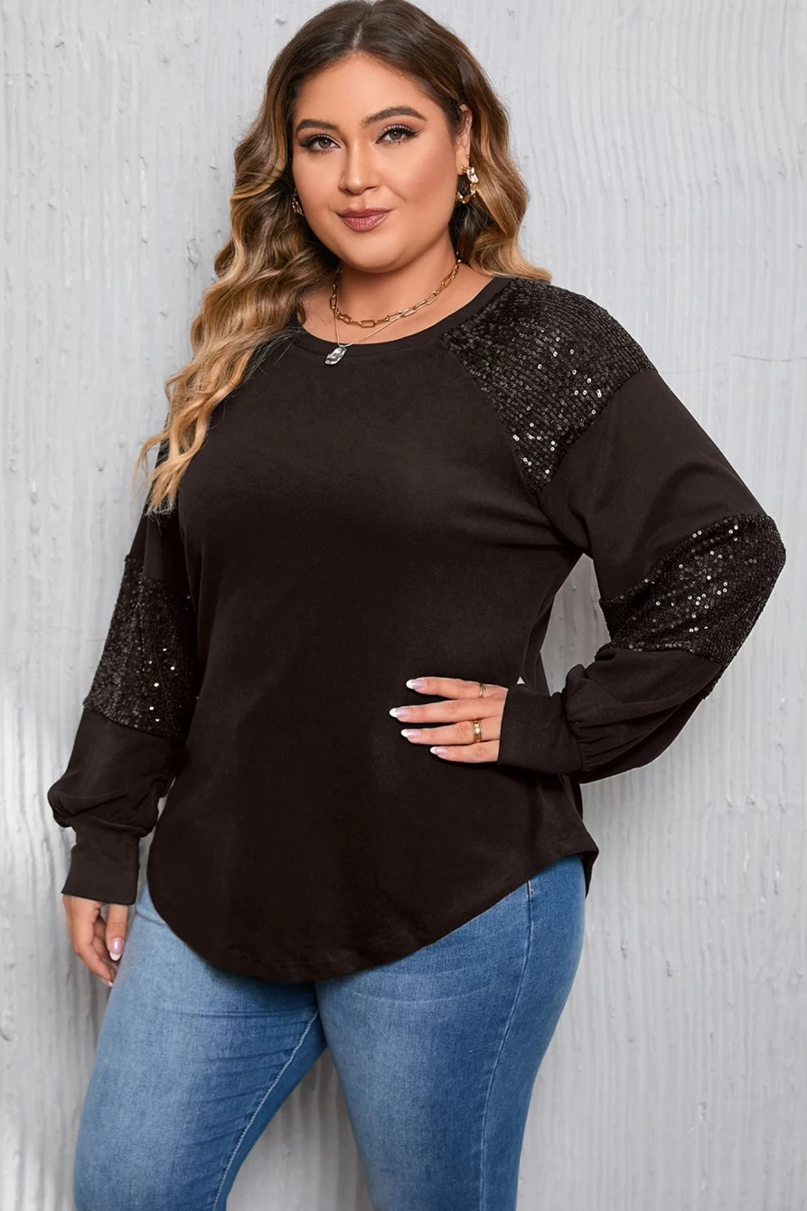 Shewin Women's Black Plus Size Sequin Patchwork Long Sleeve Crew Neck Top