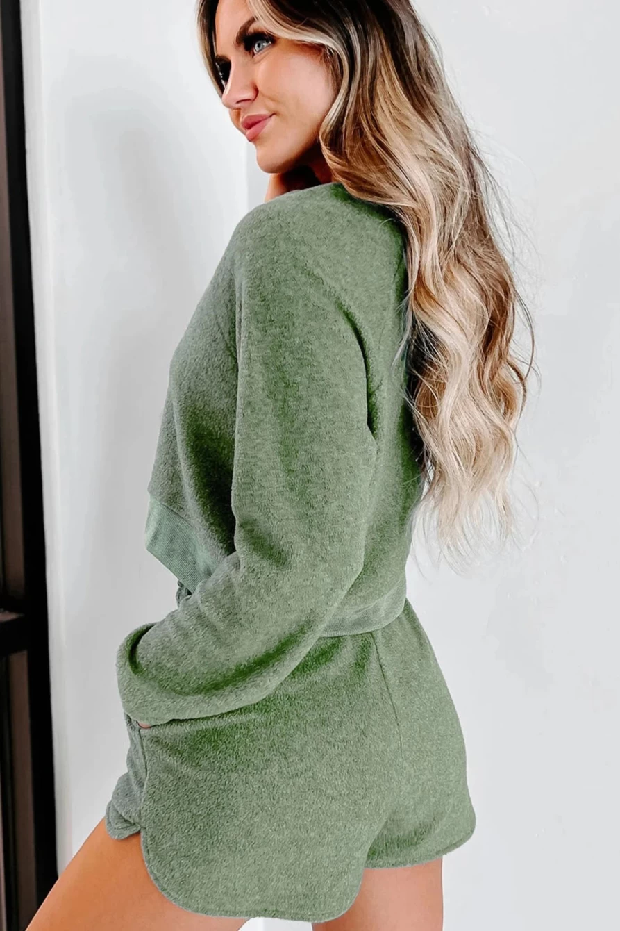 Women's Green Fleece Cropped Pullover & Shorts Two-Piece Set | SHEWIN Cozy Outfit