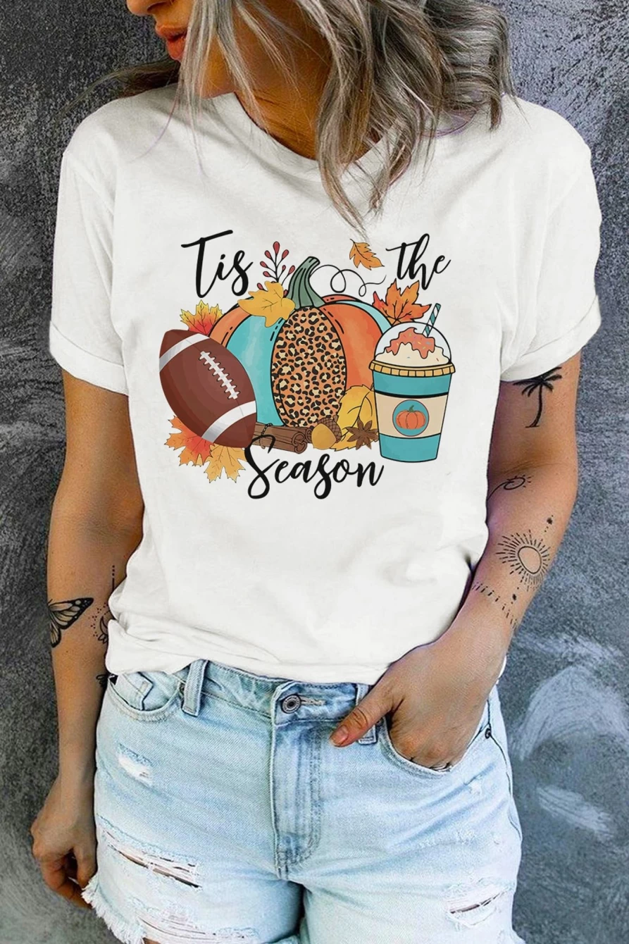 Shewin Women's White Pumpkin Graphic Tee - Casual Holiday T-Shirt