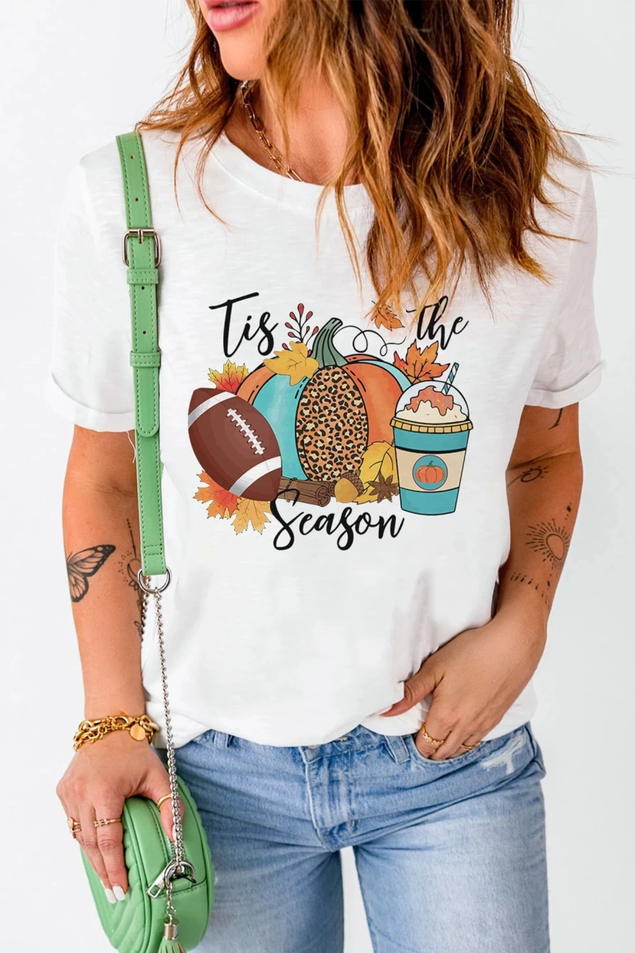 Shewin Women's White Pumpkin Graphic Tee - Casual Holiday T-Shirt