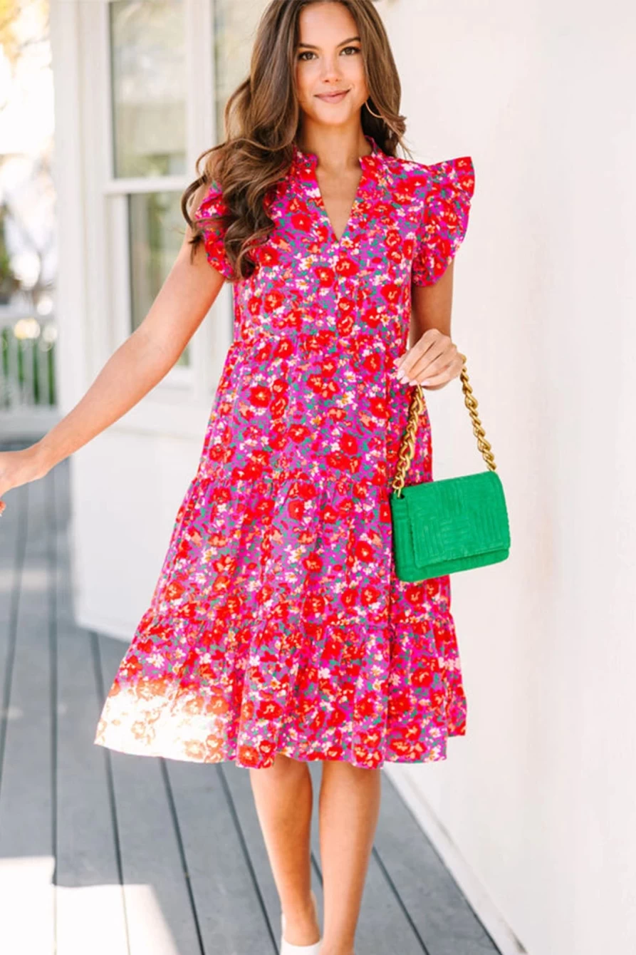 Shewin Women's Red Boho Floral Flutter Sleeve Ruffled Tie Dress