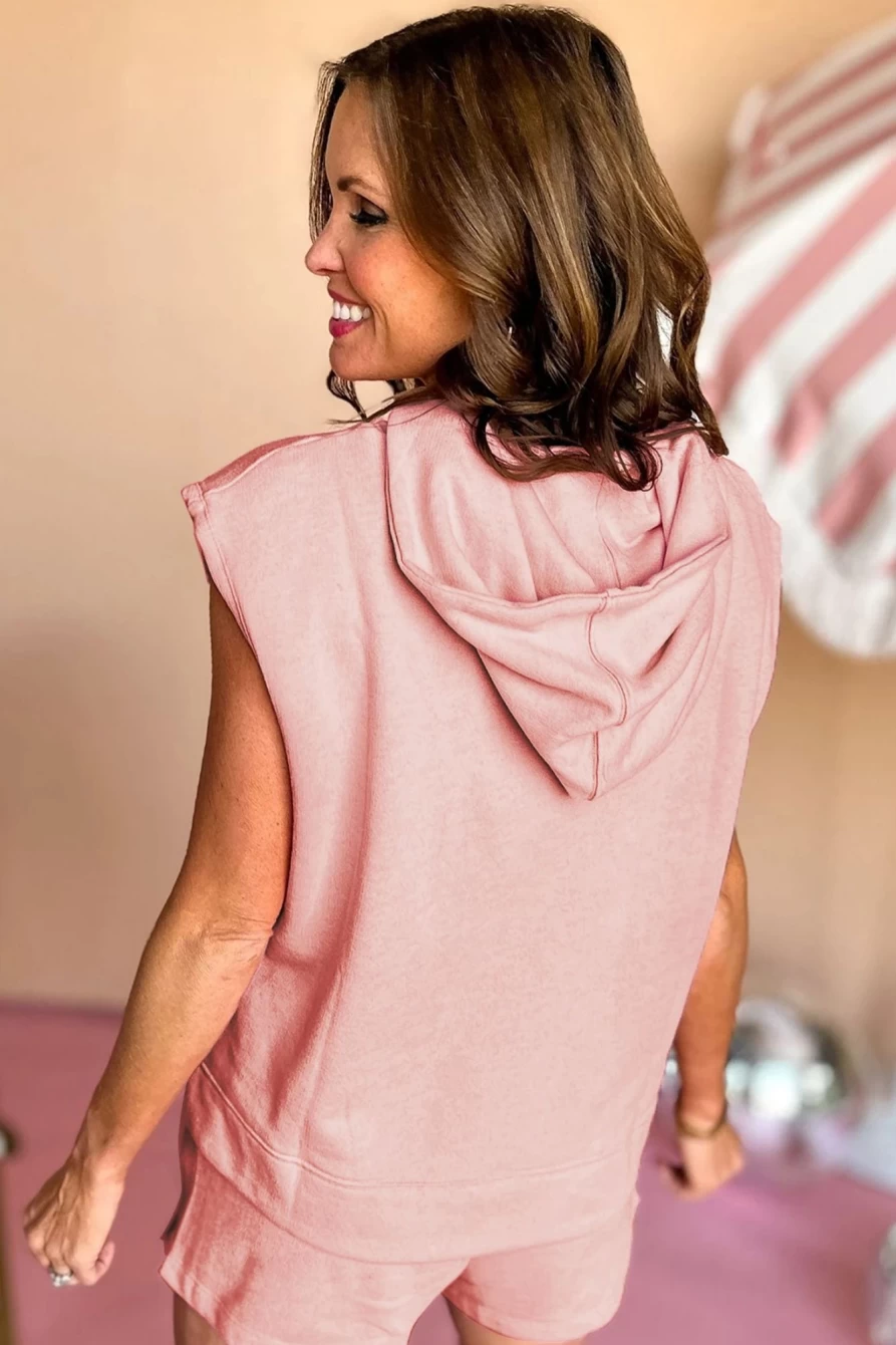 Women's Light Pink Solid Color Sleeveless Hoodie & Shorts Set | SHEWIN Summer Athletic Outfit
