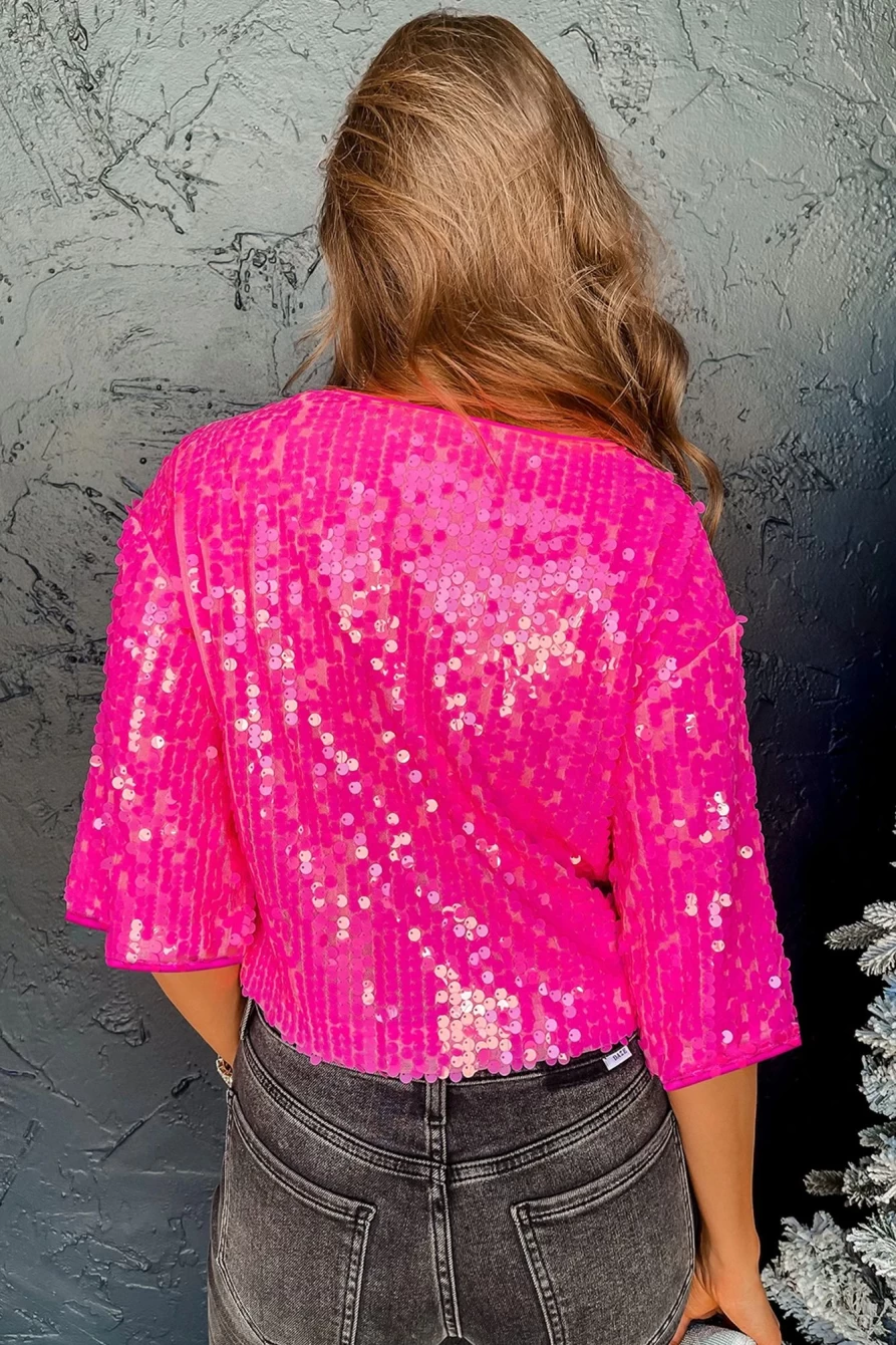 "Shewin Women's Bright Pink Sequin Round Neck Half Sleeve Glitter Top"