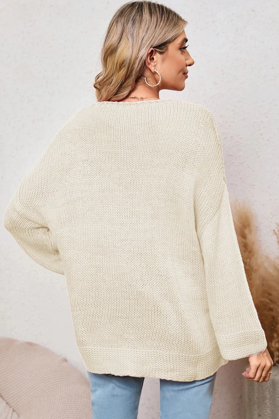 Shewin Women's Apricot Knitted V-Neck Oversized Sweater with Drop Sleeve