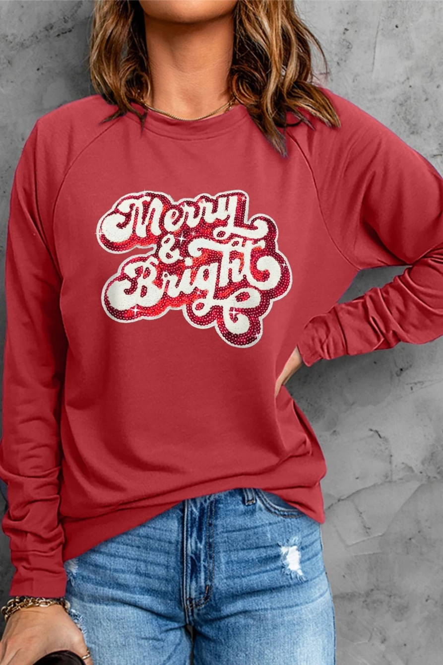 Shewin Women's Red Merry & Bright Sequin Graphic Raglan Sleeve Sweatshirt