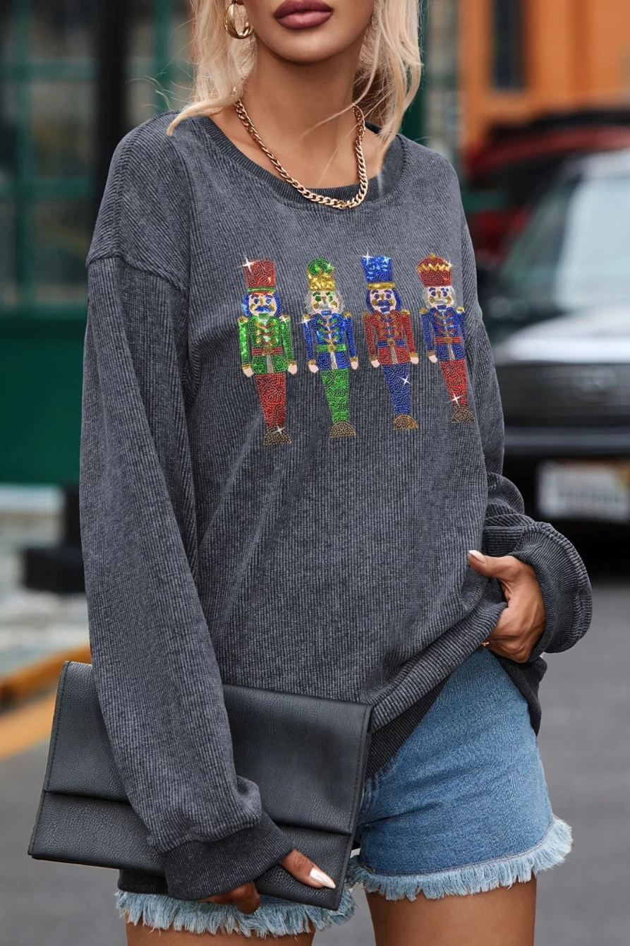 Shewin Women's Gray Christmas Nutcracker Sequins Graphic Baggy Sweatshirt