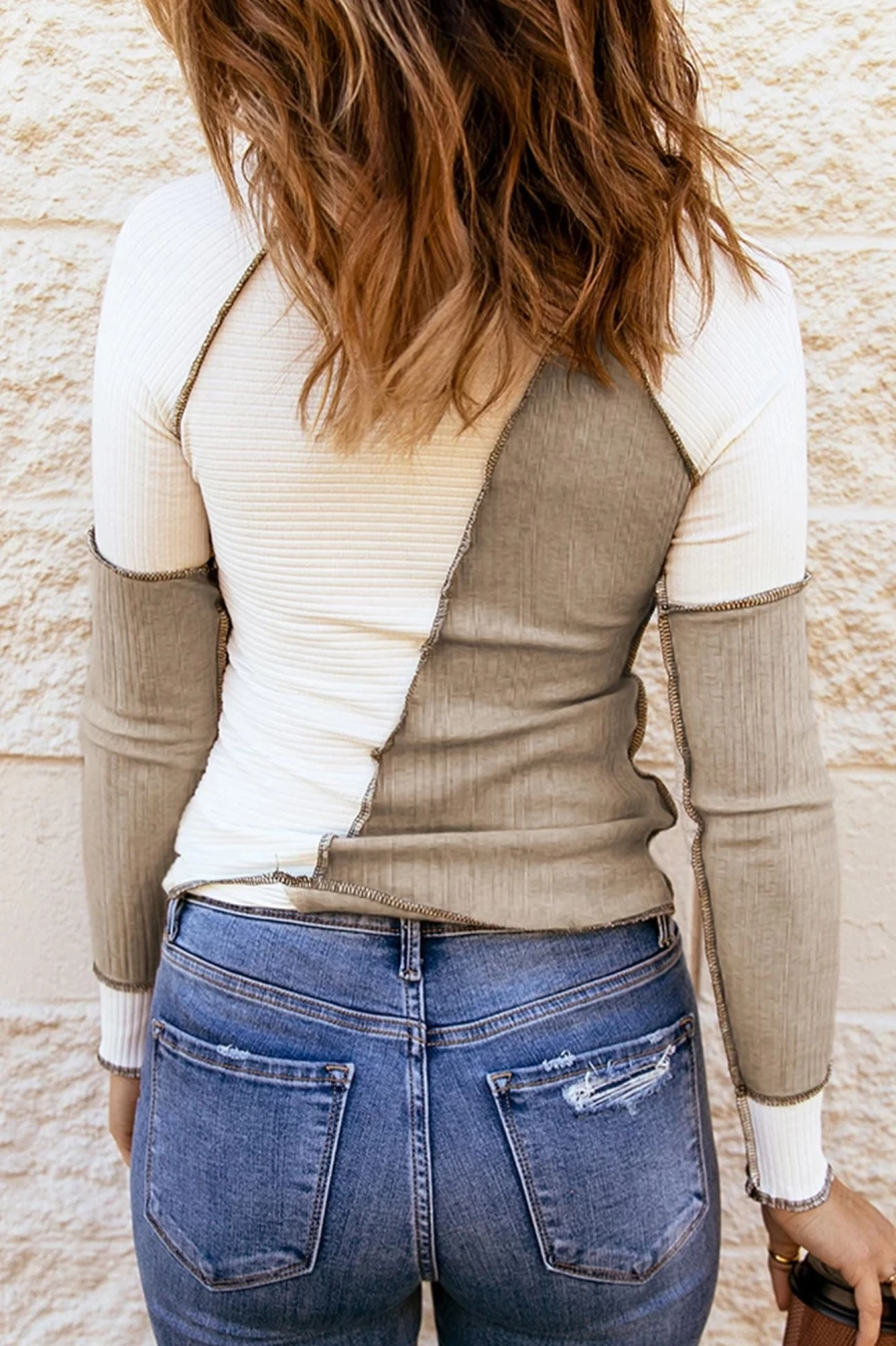 Shewin Women's White Color Block Ribbed Long Sleeve Top with Exposed Seams