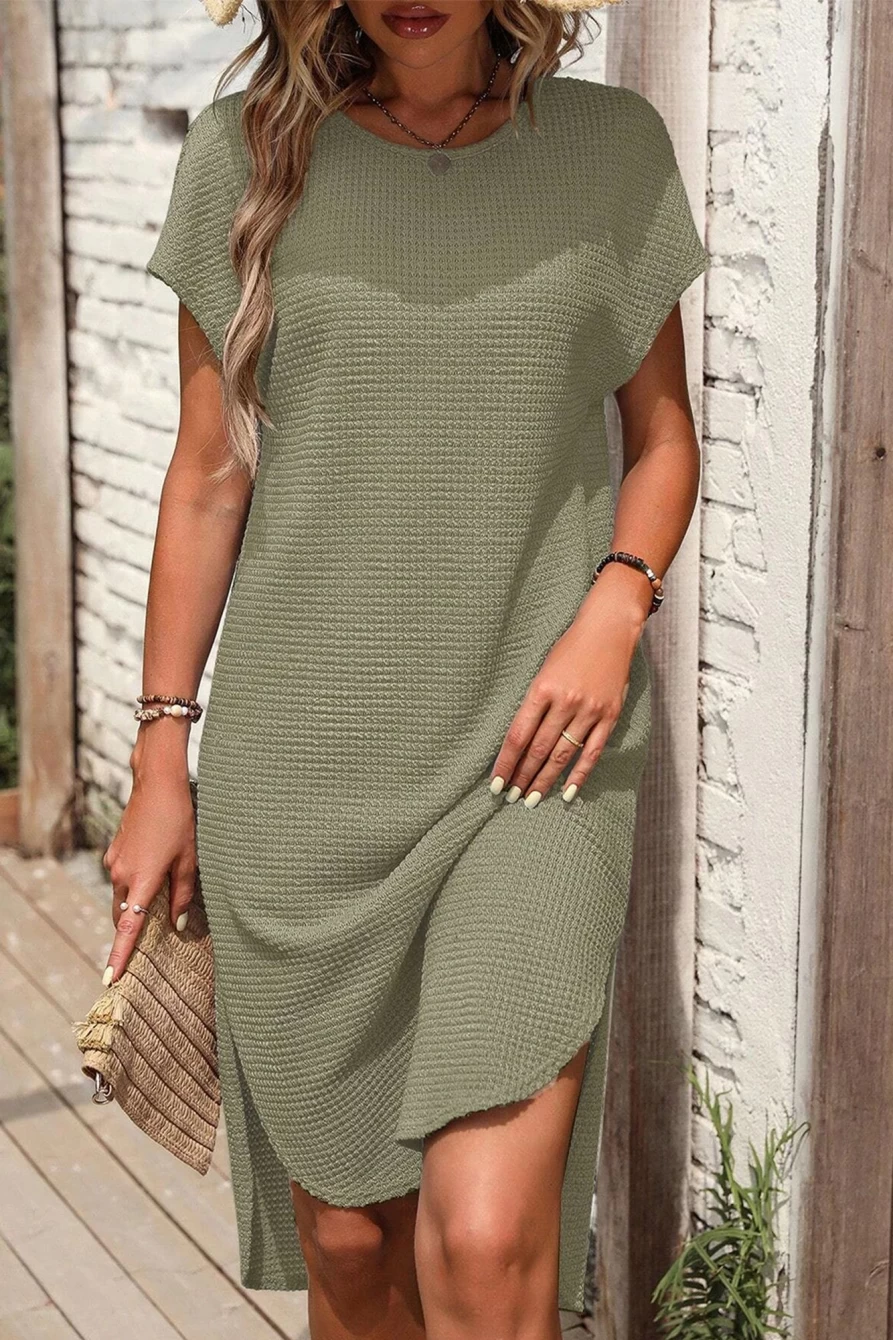 Shewin Women's Jungle Green Batwing Sleeve Knit Dress with Curved Hem