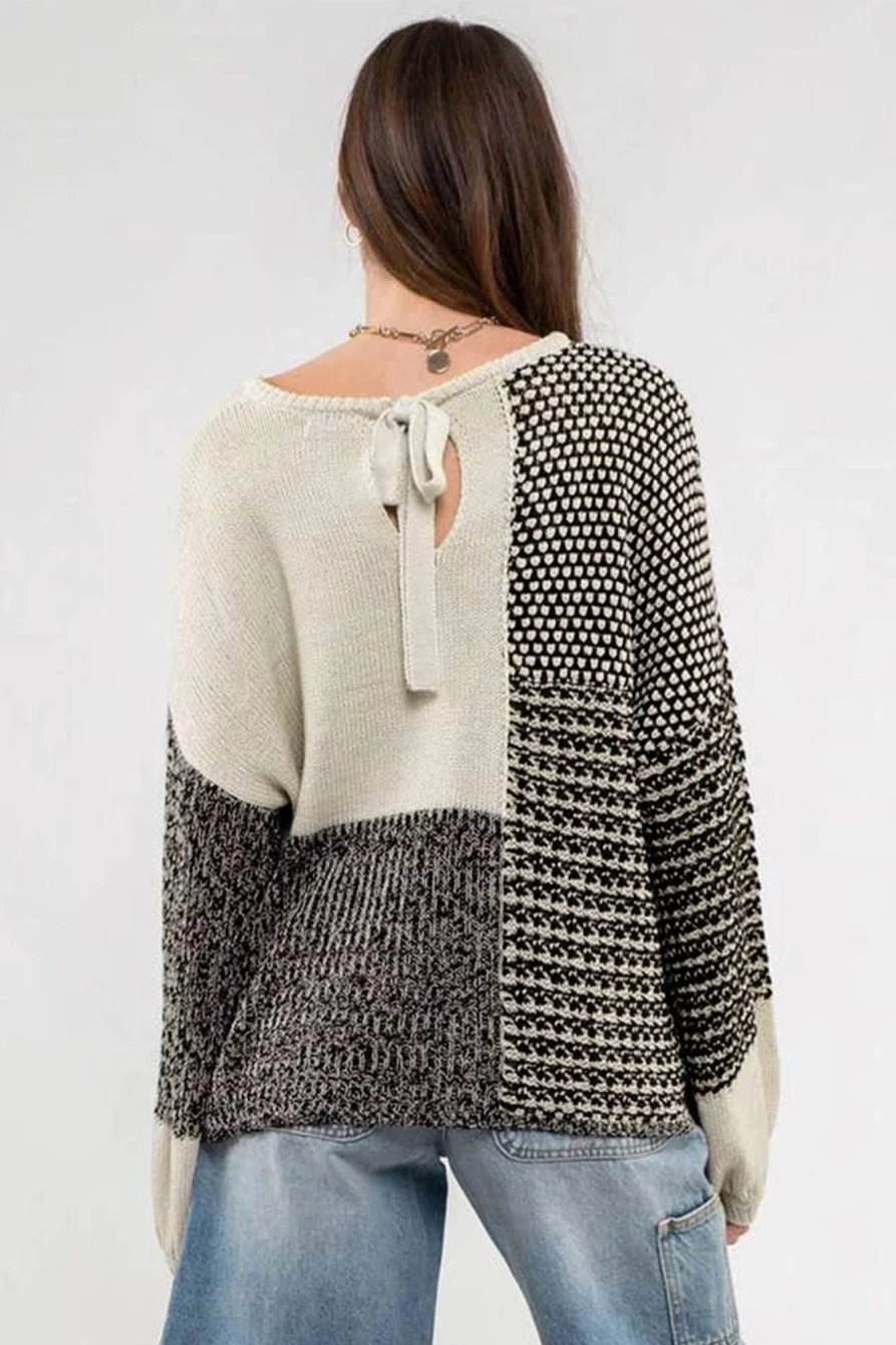 Shewin Women's Black Patchwork Tie Back Drop Shoulder Knit Sweater