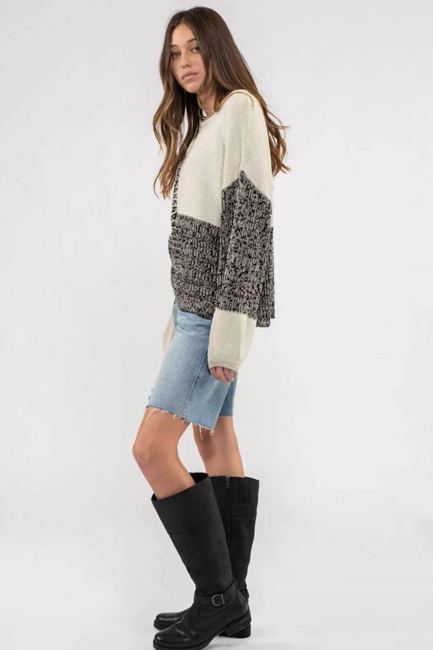 Shewin Women's Black Patchwork Tie Back Drop Shoulder Knit Sweater