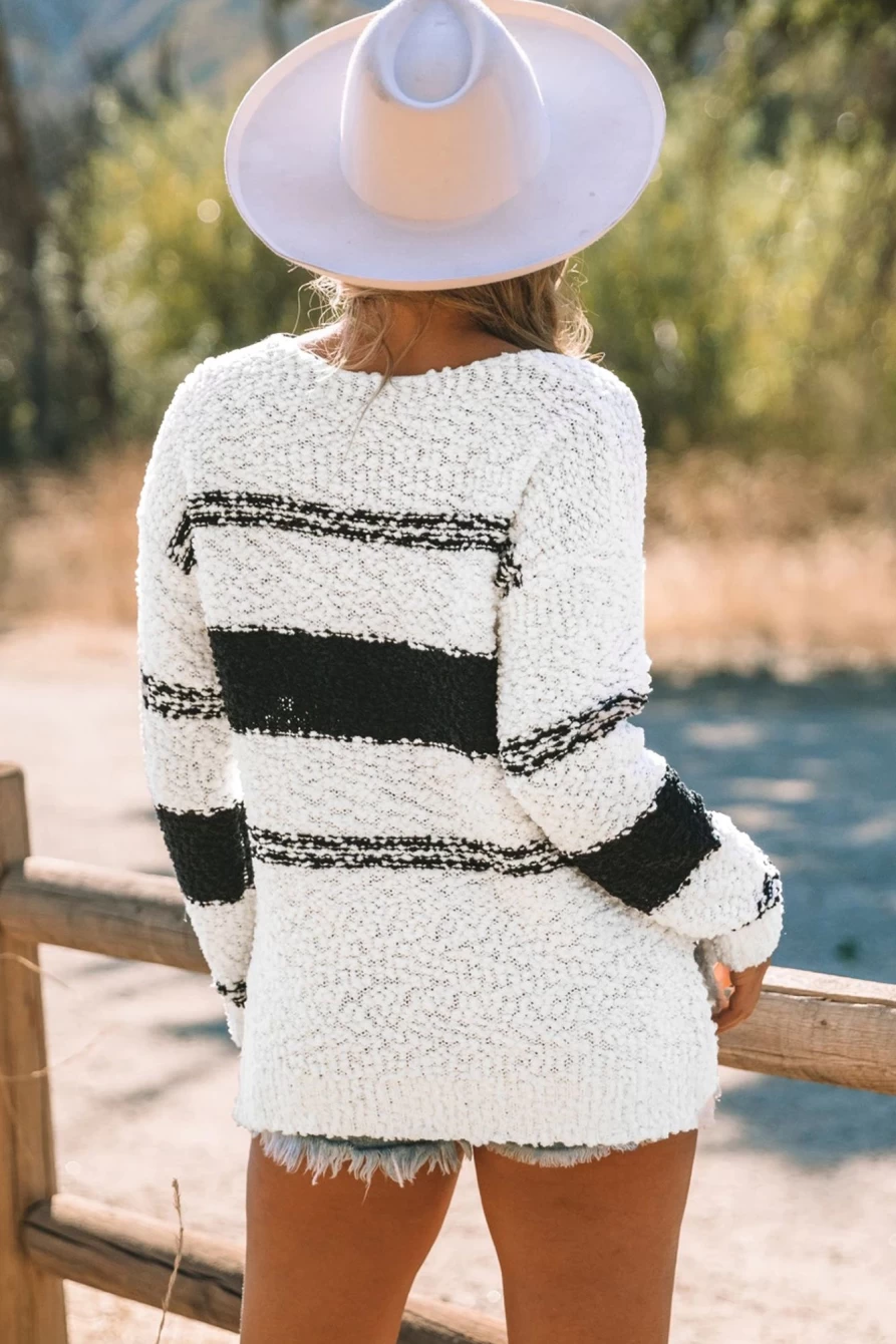 Shewin Women's Beige Casual Long Sleeve Popcorn Knit Pullover Sweater