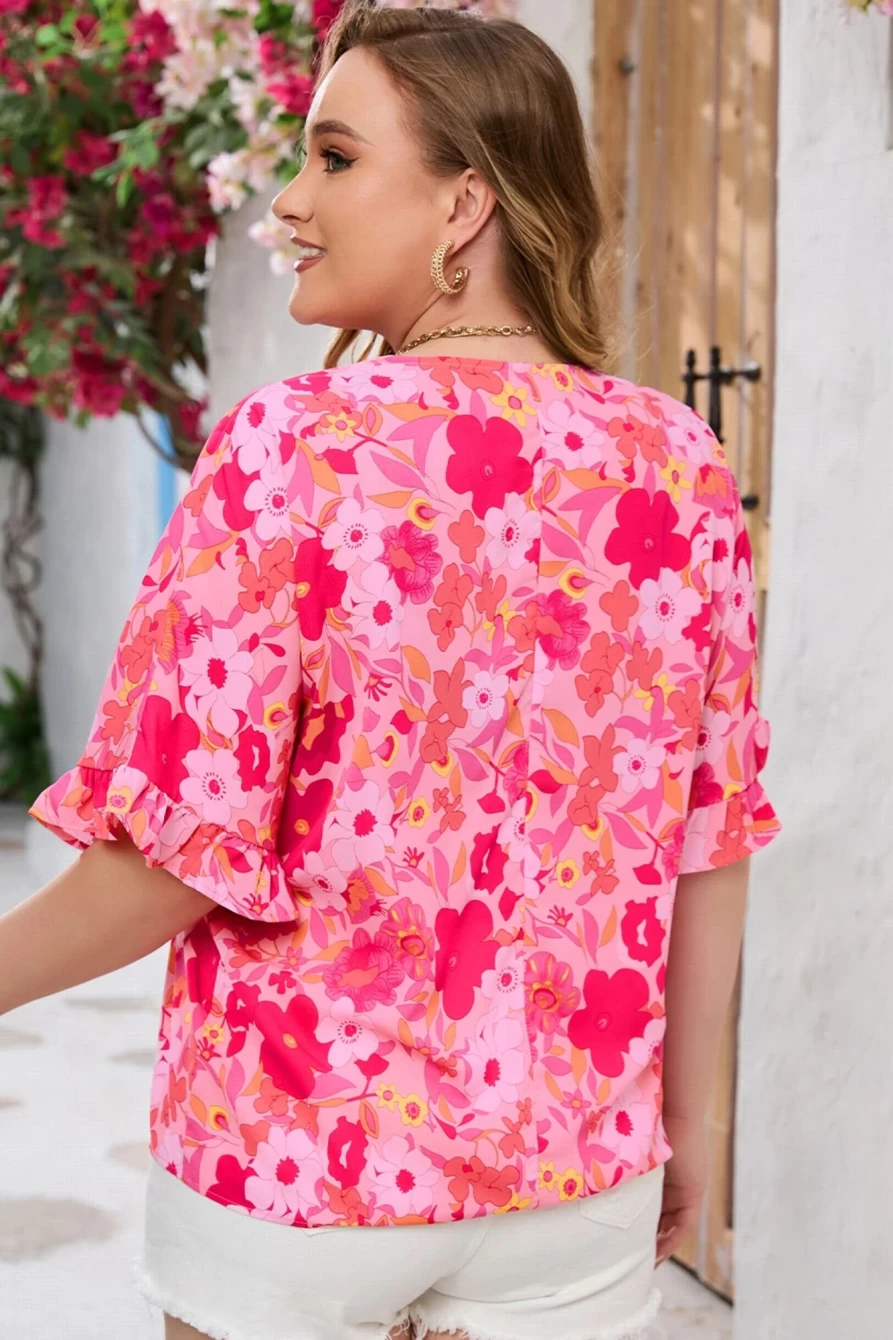 Shewin Women's Rose Floral Print Ruffled Half Sleeve Plus Size Babydoll Blouse