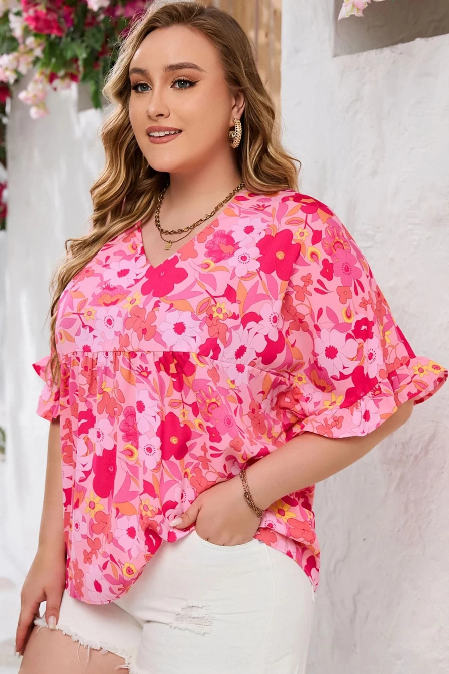 Shewin Women's Rose Floral Print Ruffled Half Sleeve Plus Size Babydoll Blouse