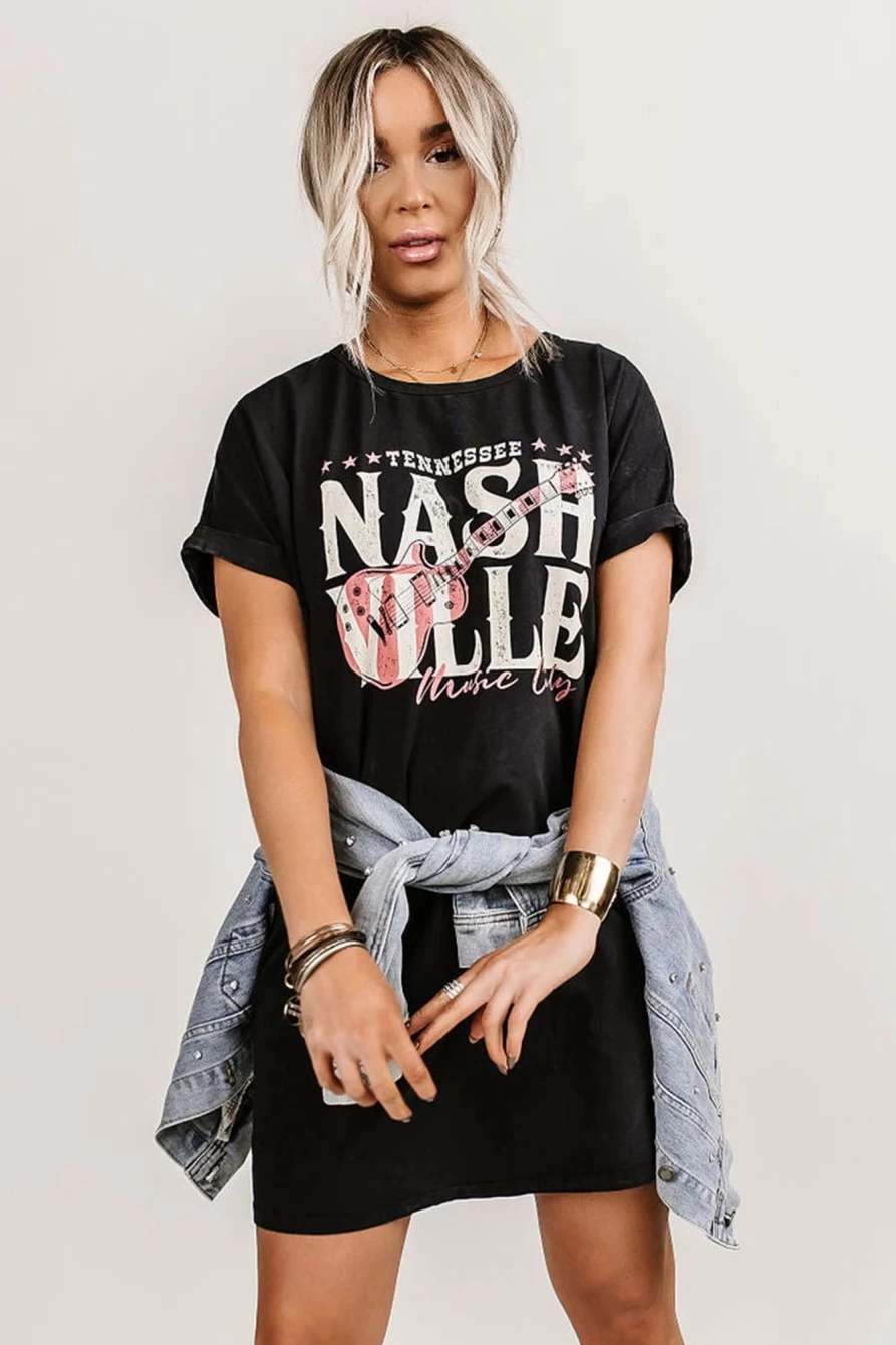 Shewin Women's Black Nashville Music Festival Trending T-Shirt Dress