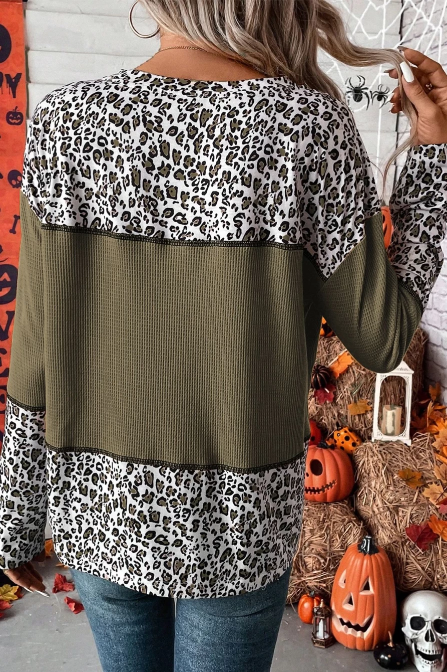 "SheWin Women's Jungle Green Leopard Print Waffle Knit Patchwork Top"