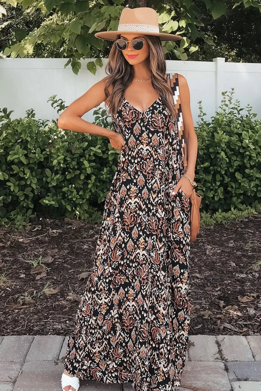 Shewin Women's Black Boho Retro Printed V-Neck Spaghetti Strap Maxi Dress